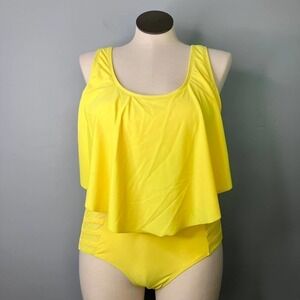 Lemon Yellow Two Piece Bikini Flounce Top High Rise Ladder Side Bottoms Size XL